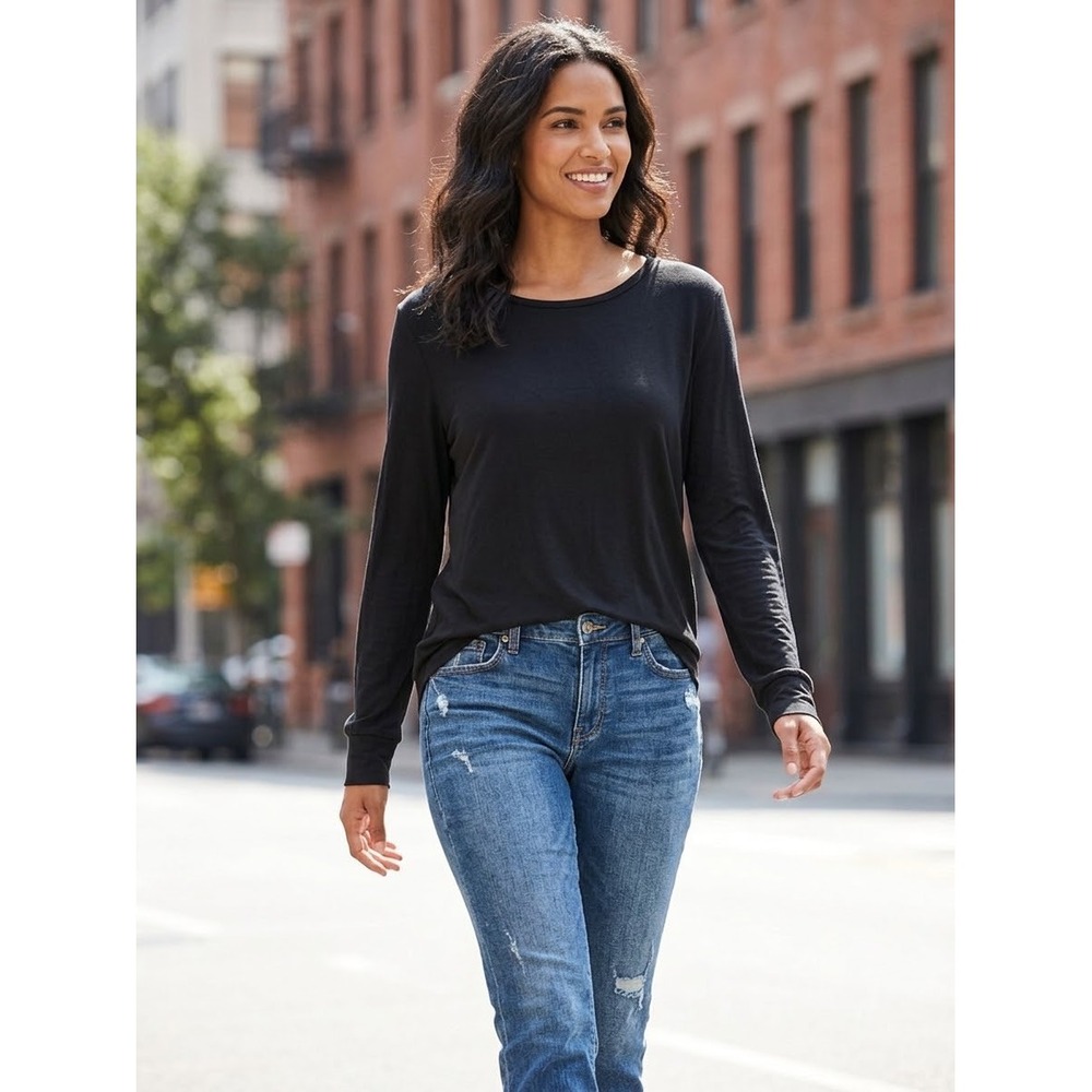 Apt 9 Essentials Womens Long Sleeve Scoop Neck Top Black Rayon Blend Size M